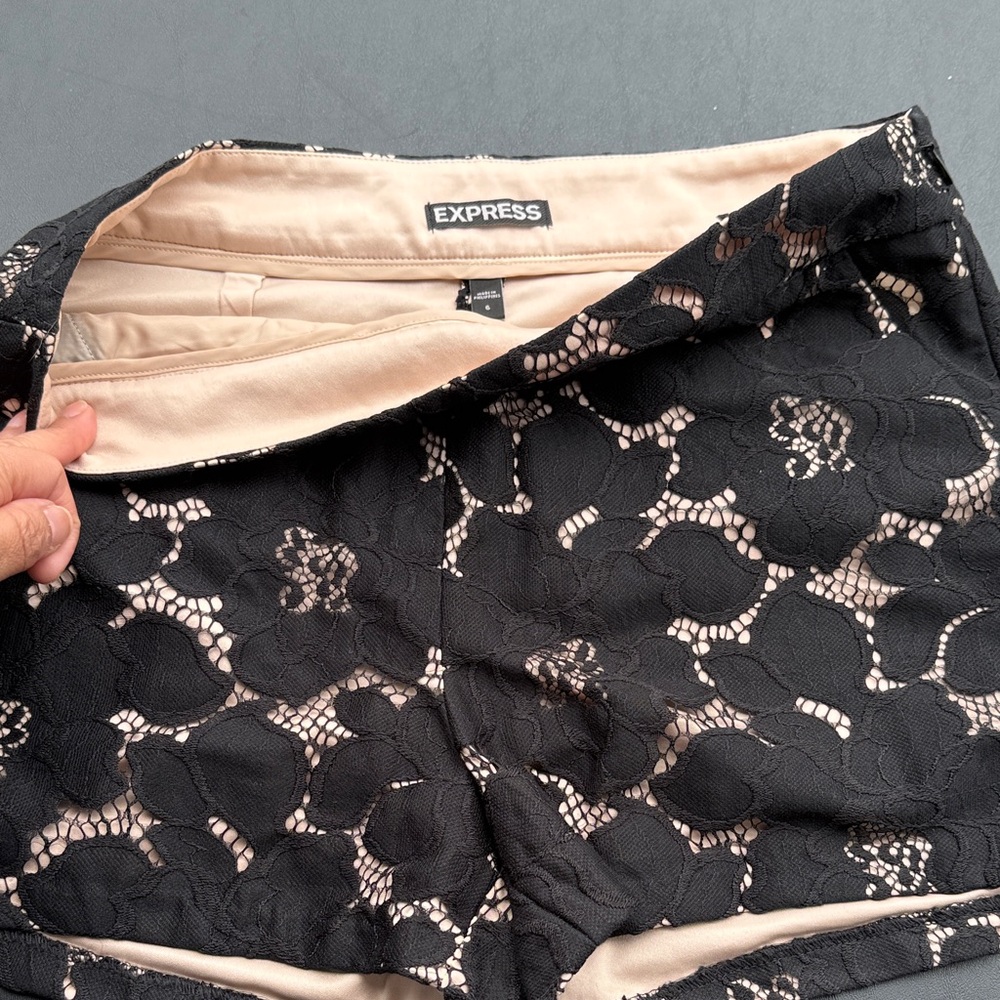 Express Black Lace Overlay Shorts with Nude Underlay